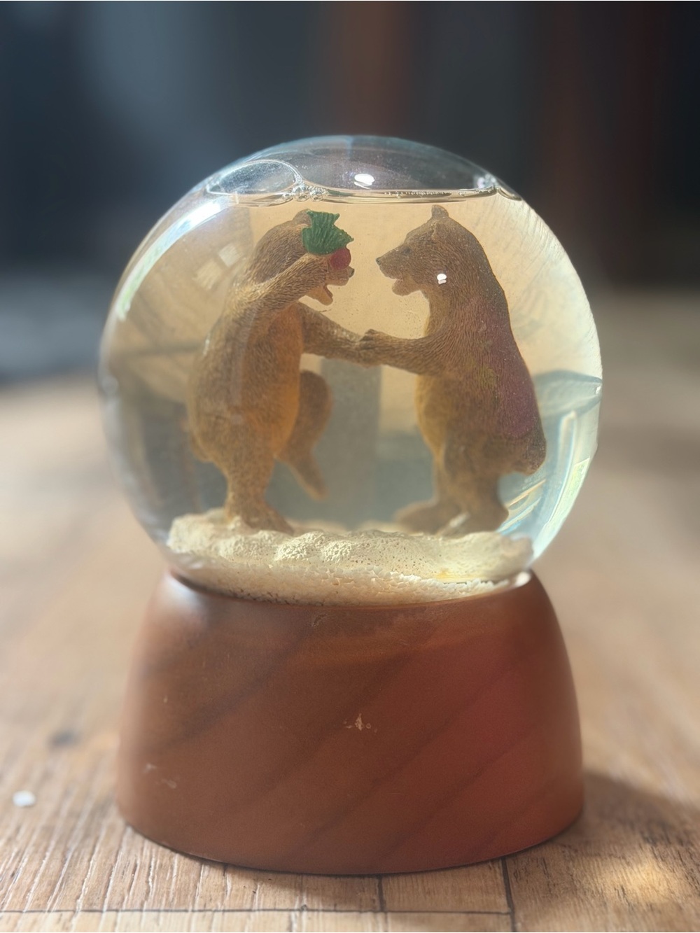 Clear Glass Snow Globe with Dancing Bear Figurines - Brown Base